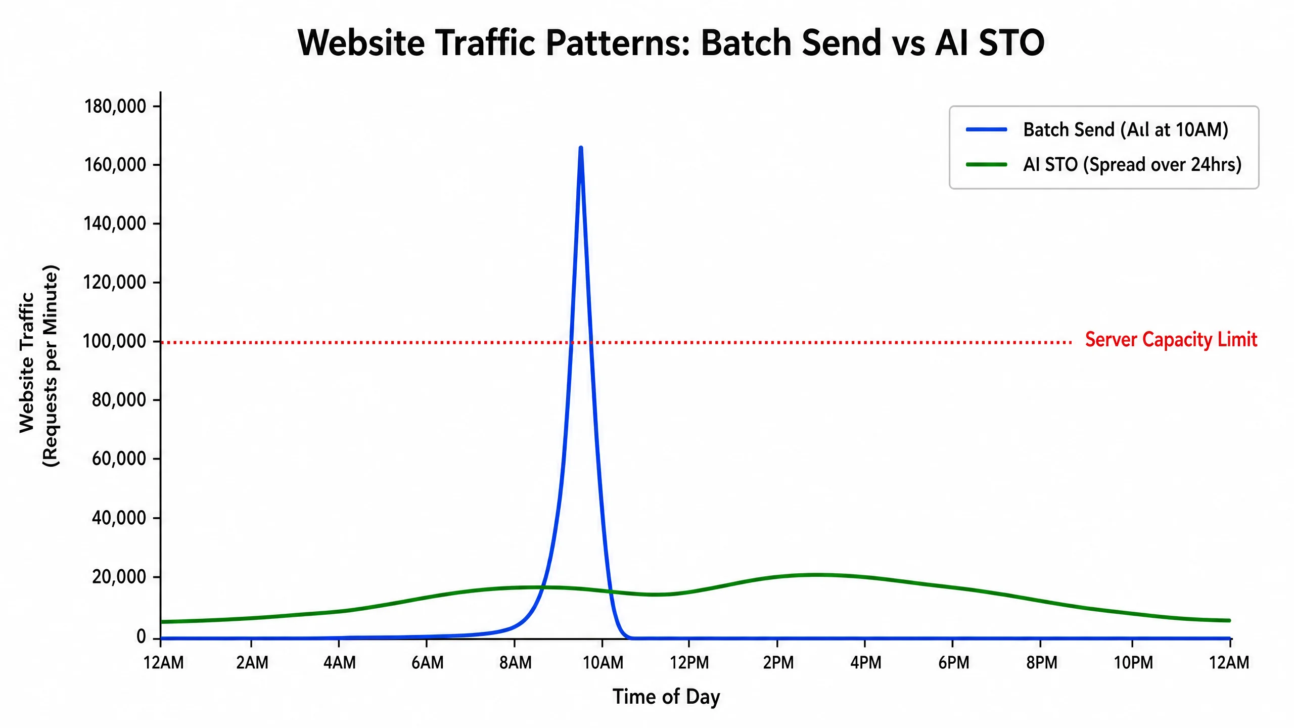 A line graph comparing website traffic spikes. The blue line (Batch and Blast) shows a massive, sharp spike that breaches a red dotted line labeled 'Server Capacity Limit'. The green line (AI STO) shows a smooth, rolling wave of traffic that stays safely below the server limit over a 24-hour period.
